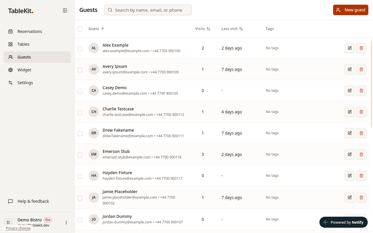TableKit guest CRM