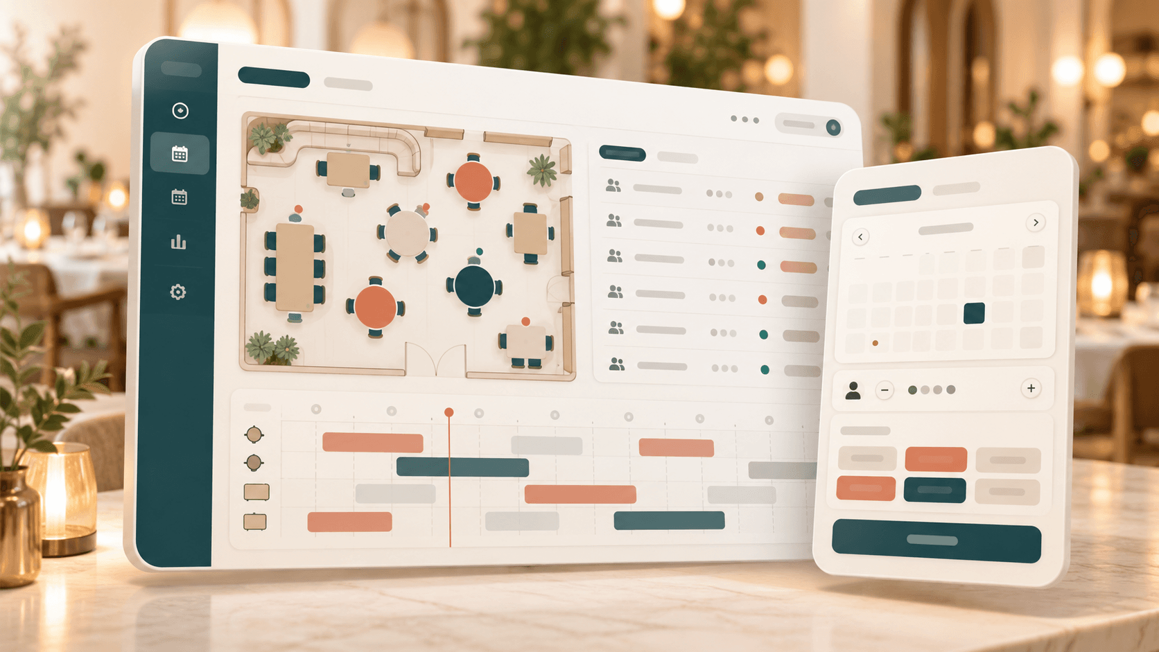 TableKit dashboard with floor plan, bookings and timeline, next to the booking widget